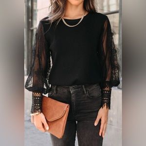 👍Restocked 💫Lace Detail Mesh Lantern Sleeve Blouse